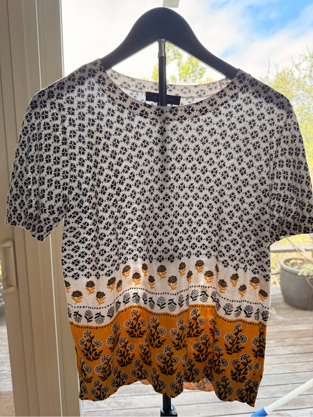 Ann Taylor Loft Short Sleeve Mixed Print Top - White and Mustard